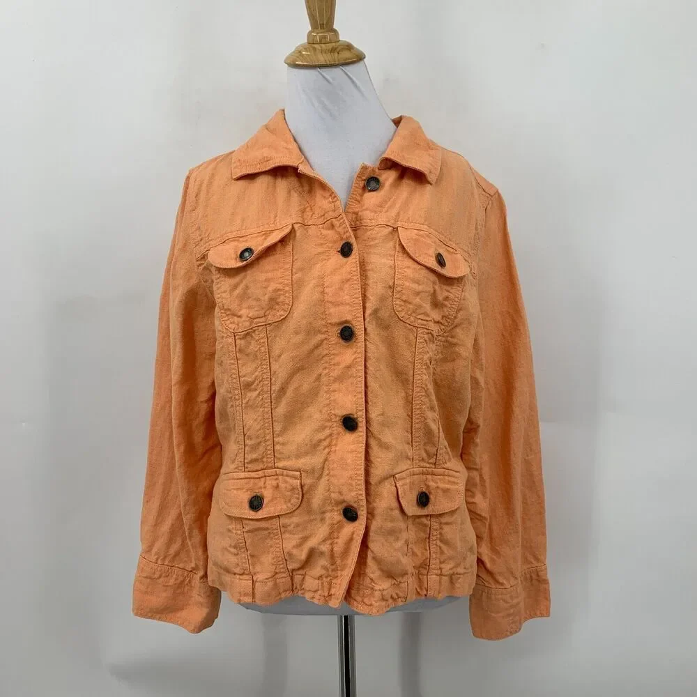 J Jill Linen Utility Jacket Womens MP Medium Petite Amber Button Up Long Sleeve